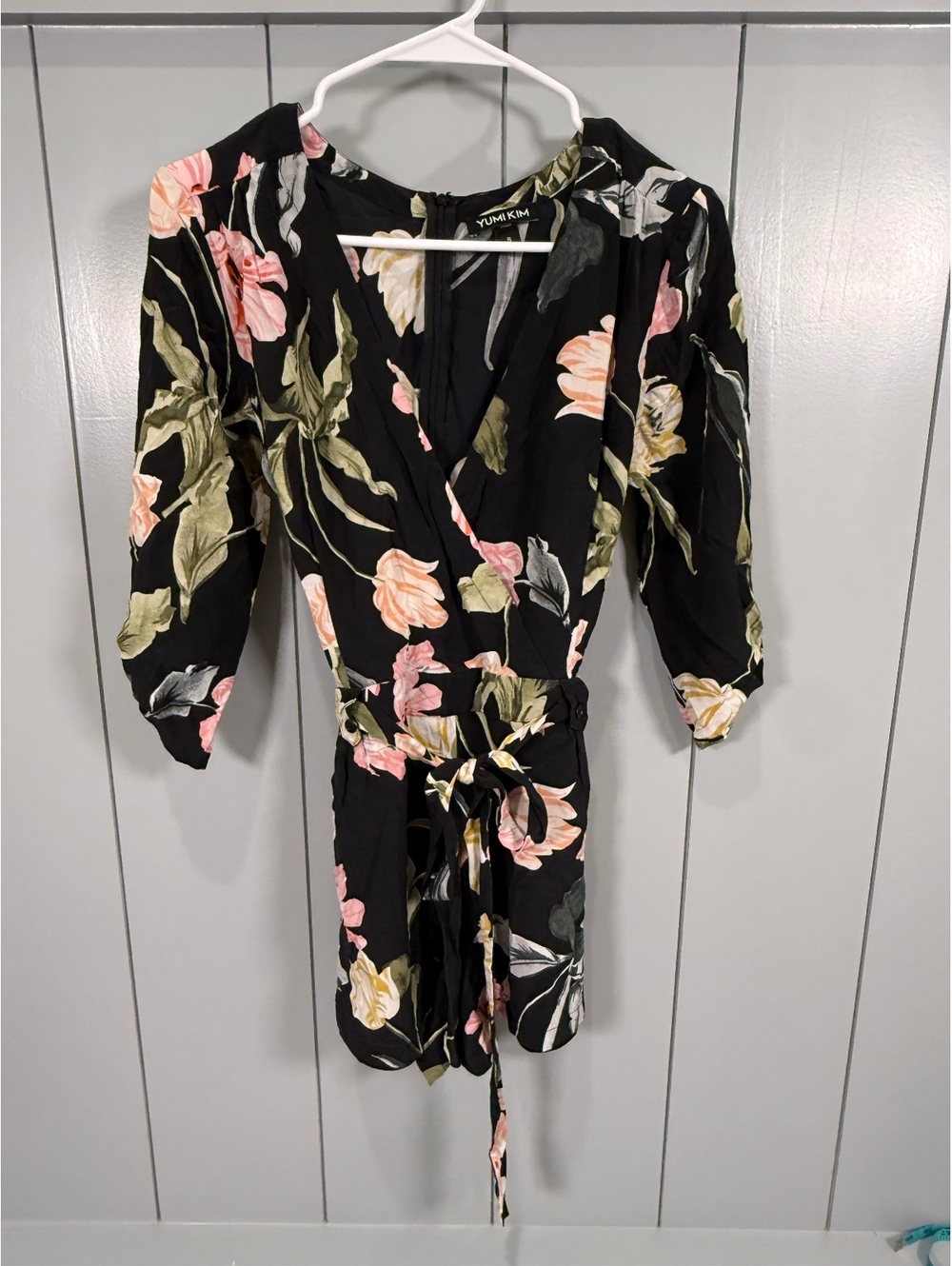 Yumi Kim Floral feminine Black Romper with Tie Waist, Size Small